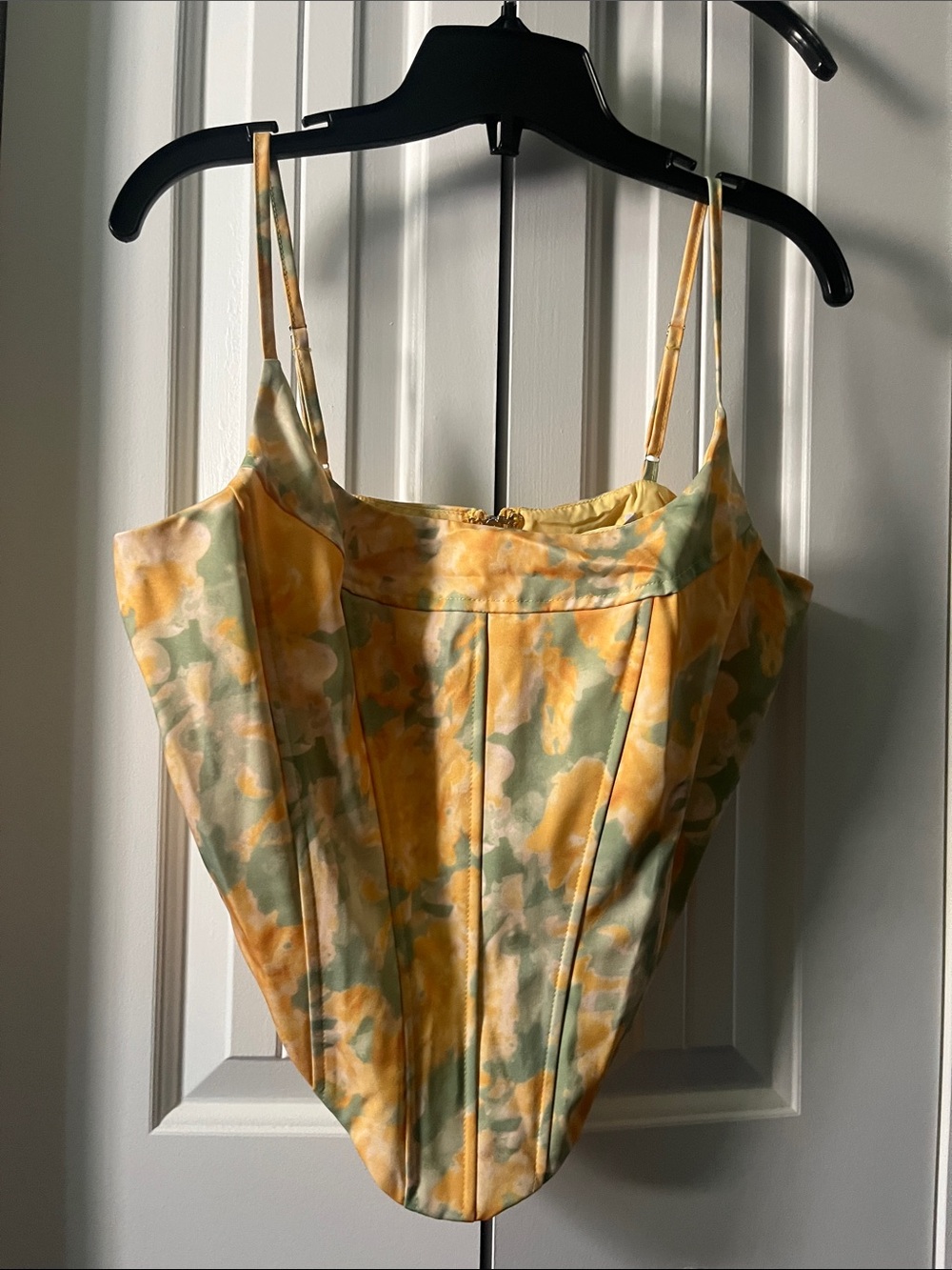 Fashion Nova Yellow Green Floral Satin Corset Cami